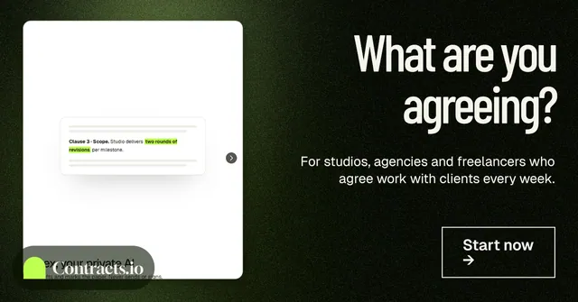 Social ad for contracts.io: "What are you agreeing?" Dark deco style, right layout, dark palette in white, black, grey.