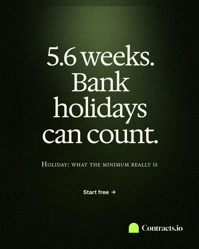 Instagram portrait post for contracts.io: "5.6 weeks. Bank holidays can count." Dark deco style, smallcaps layout, dark palette in black, grey.