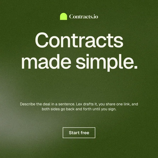 Instagram post for contracts.io: "Contracts made simple." Cyanotype style, centred layout, dark palette in green, grey.