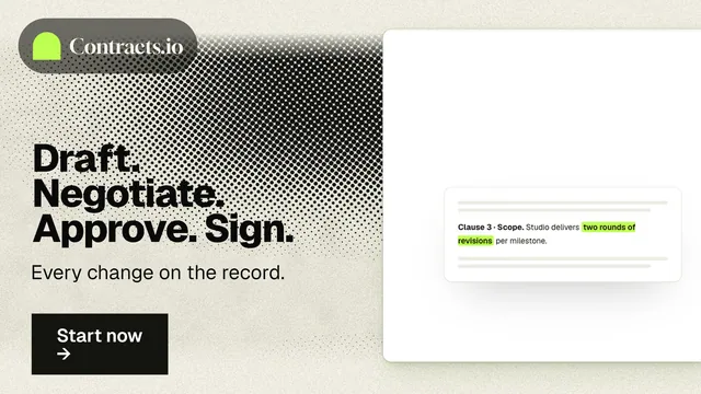Landscape graphic for contracts.io: "Draft. Negotiate. Approve. Sign." Ink sticker style, bottom layout, light palette in white, grey.