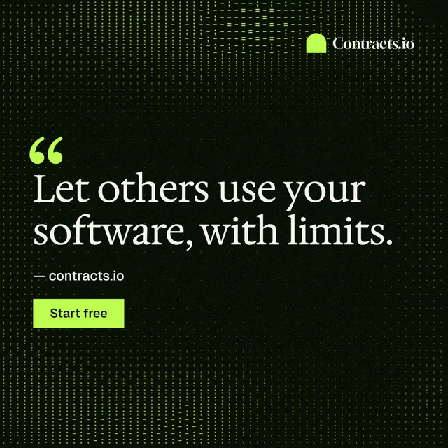 Instagram post for contracts.io: "Let others use your software, with limits." Swiss style, quote layout, dark palette in black, green.