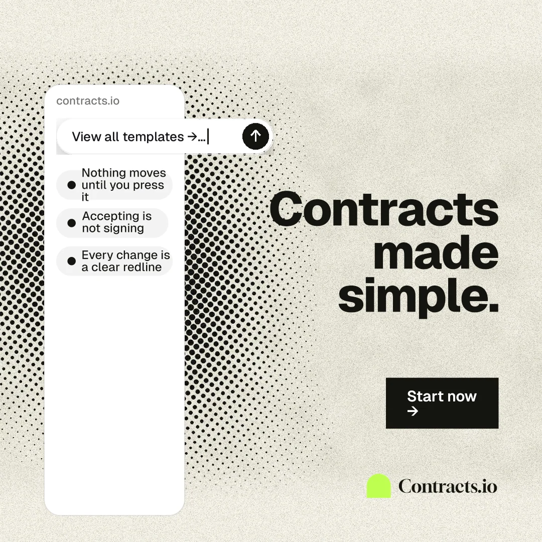 Instagram post for contracts.io: "Contracts made simple." Ink sticker style, right layout, light palette in white, yellow, grey.