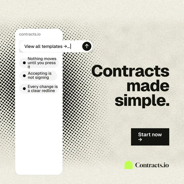 Instagram post for contracts.io: "Contracts made simple." Ink sticker style, right layout, light palette in white, yellow, grey.