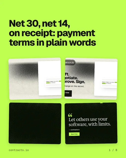 Carousel for contracts.io: "Net 30, net 14, on receipt: payment terms in plain words". Collection carousel, 8 slides, light palette.