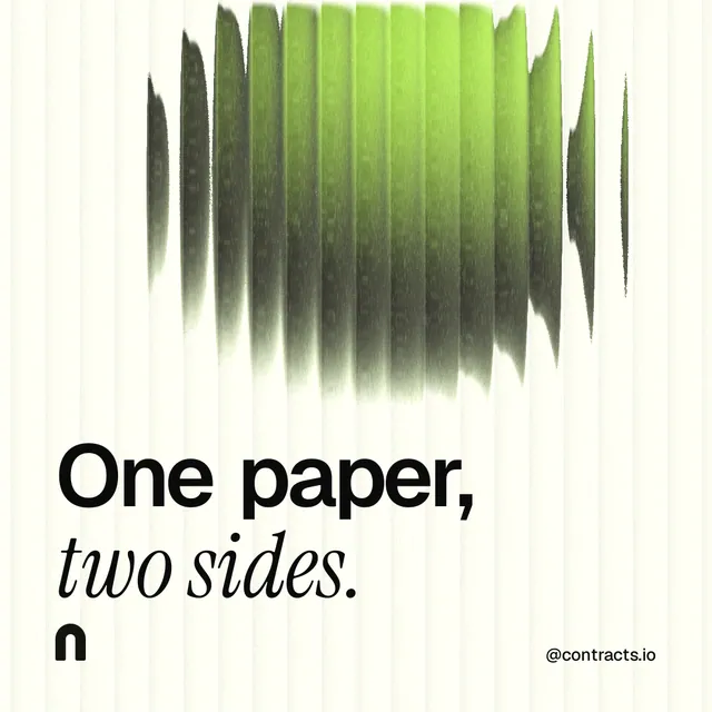 Instagram post for contracts.io: "One paper, two sides." Auto 1x1 style, technique:shader field layout, light palette in white, grey, green.