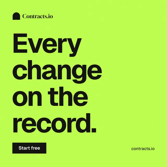 Instagram post for contracts.io: "Every change on the record." Swiss style, poster layout, light palette in green.