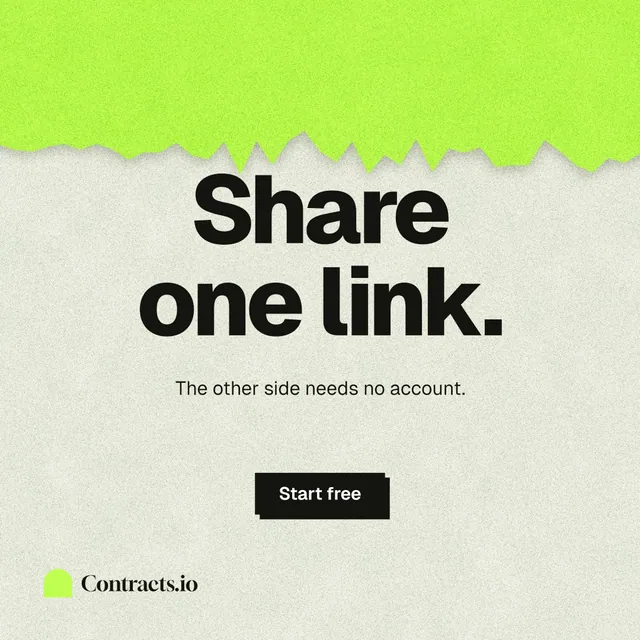 Instagram post for contracts.io: "Share one link." Paper trio style, centred layout, light palette in green, grey.