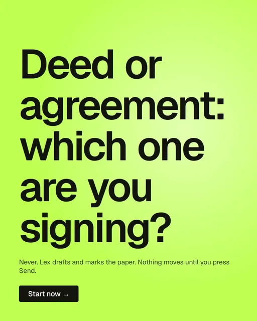 Video for contracts.io: "Deed or agreement: which one are you signing?". Kinetic type grid, 6.0 s, light palette.
