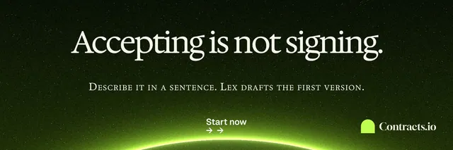 X header for contracts.io: "Accepting is not signing." Swiss style, smallcaps layout, dark palette in black, green.