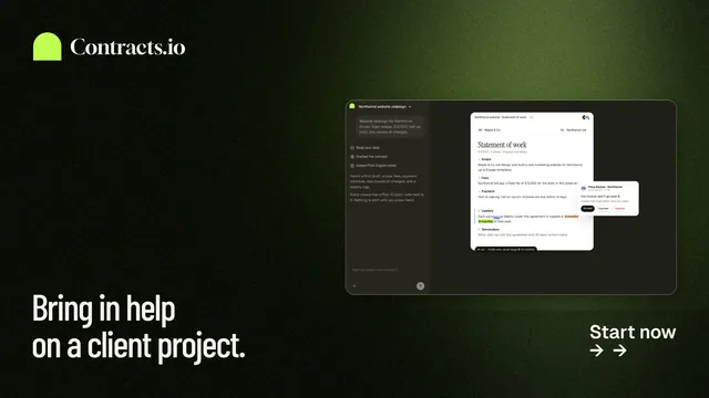 Landscape graphic for contracts.io: "Bring in help on a client project." Dark deco style, image led layout, dark palette in black, grey.