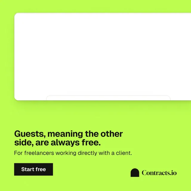 Instagram post for contracts.io: "Guests, meaning the other side, are always free." Swiss style, bottom layout, light palette in green, white.