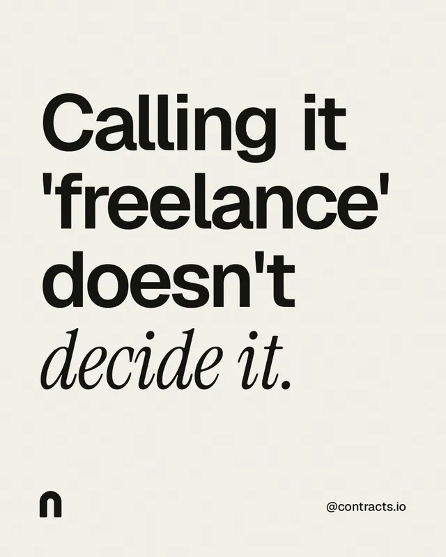 Instagram portrait post for contracts.io: "Calling it 'freelance' doesn't decide it." Editorial style, technique:mixed type lockup layout, light palette in white, grey.
