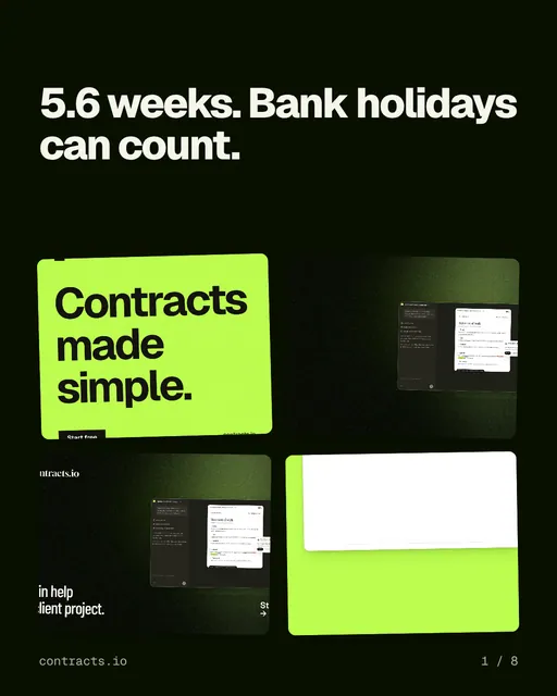 Carousel for contracts.io: "5.6 weeks. Bank holidays can count.". Collection carousel, 8 slides, dark palette.
