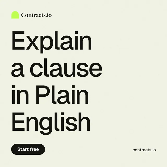 Instagram post for contracts.io: "Explain a clause in Plain English". Data card style, poster layout, light palette in white, grey.