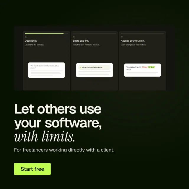 Video for contracts.io: "Let others use your software, with limits.". Doc motion loop, 7.0 s, dark palette.