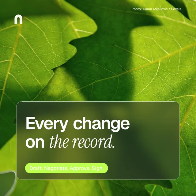 Instagram post for contracts.io: "Every change on the record." Glass style, technique:pexels ingredient layout, dark palette in green.