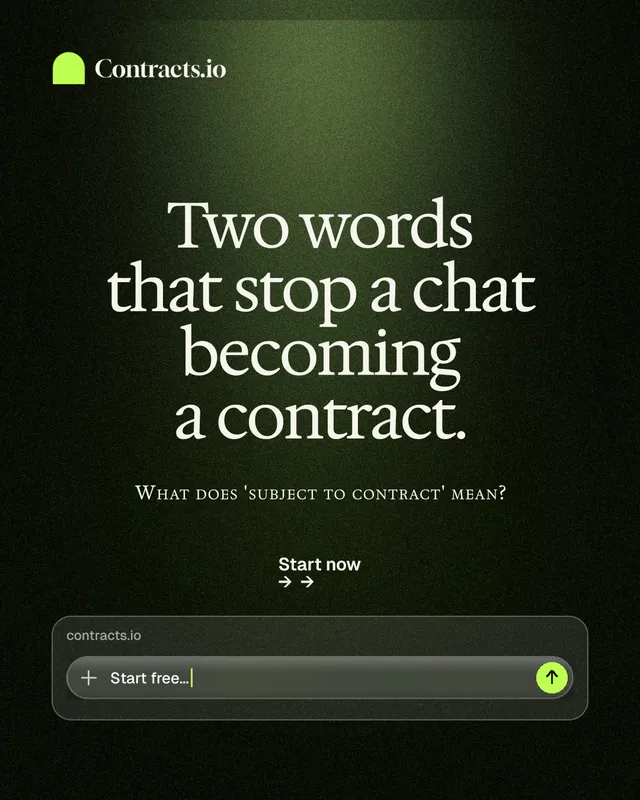 Instagram portrait post for contracts.io: "Two words that stop a chat becoming a contract." Dark deco style, smallcaps layout, dark palette in black, green, grey.