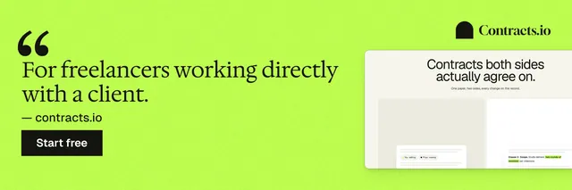 X header for contracts.io: "For freelancers working directly with a client." Swiss style, quote layout, light palette in green.
