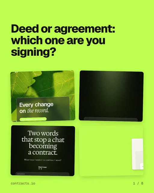 Carousel for contracts.io: "Deed or agreement: which one are you signing?". Collection carousel, 8 slides, light palette.
