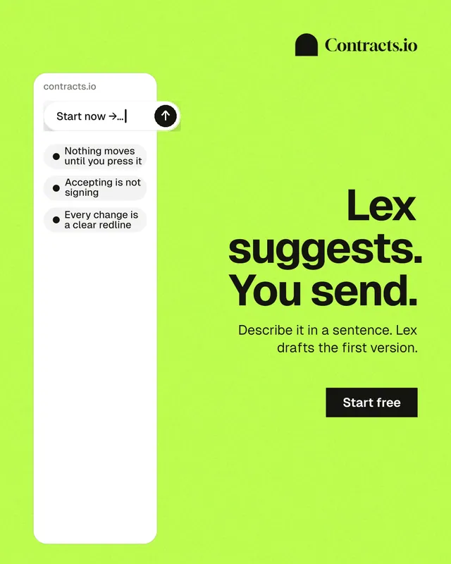 Instagram portrait post for contracts.io: "Lex suggests. You send." Swiss style, right layout, light palette in green, white.