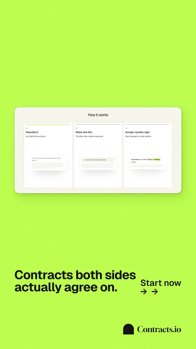 Instagram story for contracts.io: "Contracts both sides actually agree on." Swiss style, image led layout, light palette in green, white.