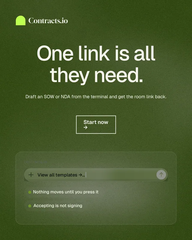Instagram portrait post for contracts.io: "One link is all they need." Cyanotype style, centred layout, dark palette in green, grey.
