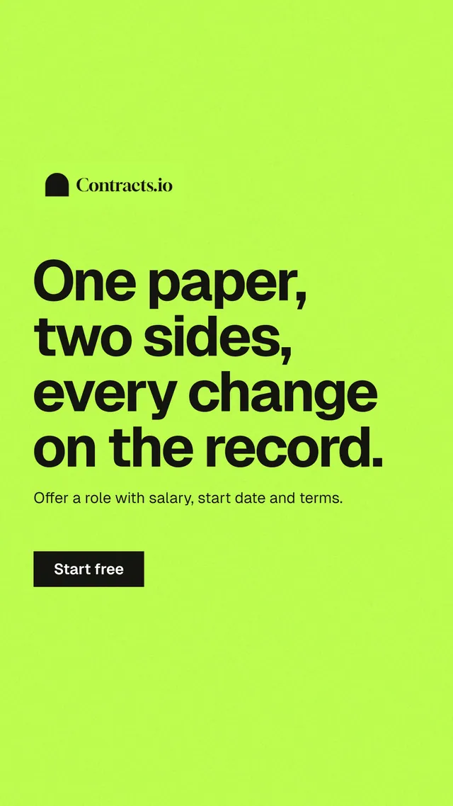 Instagram story for contracts.io: "One paper, two sides, every change on the record." Swiss style, announce layout, light palette in green.