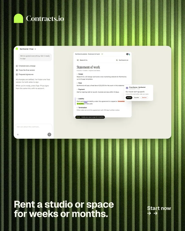 Instagram portrait post for contracts.io: "Rent a studio or space for weeks or months." Swiss style, image led layout, light palette in green, black, yellow.
