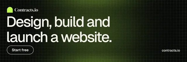 X header for contracts.io: "Design, build and launch a website." Phosphor atlas style, poster layout, dark palette in green, black, grey.