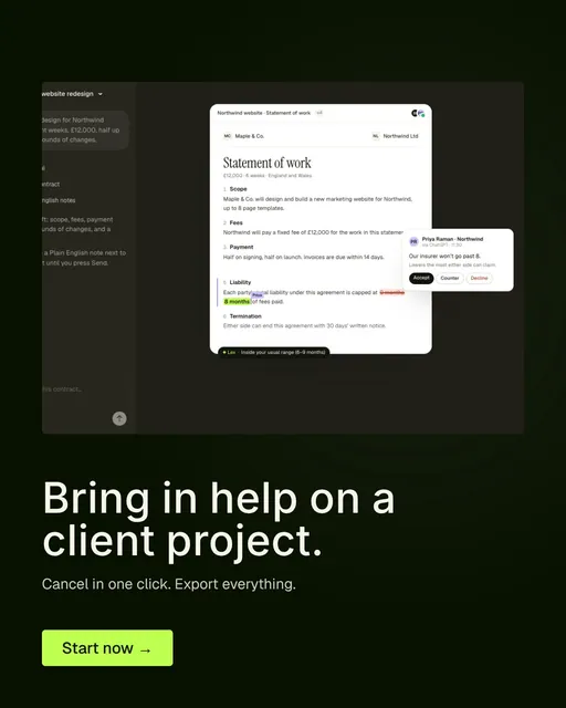 Video for contracts.io: "Bring in help on a client project.". Doc motion loop, 6.0 s, dark palette.