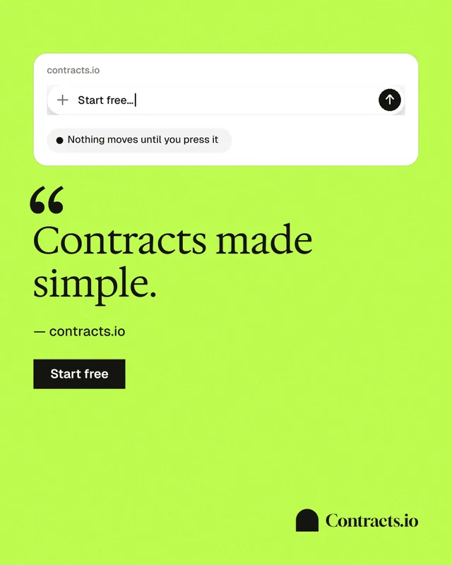 Instagram portrait post for contracts.io: "Contracts made simple." Swiss style, quote layout, light palette in green.