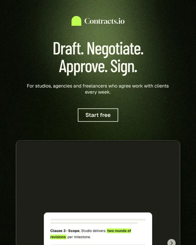 Instagram portrait post for contracts.io: "Draft. Negotiate. Approve. Sign." Dark deco style, centred layout, dark palette in black, green, grey.