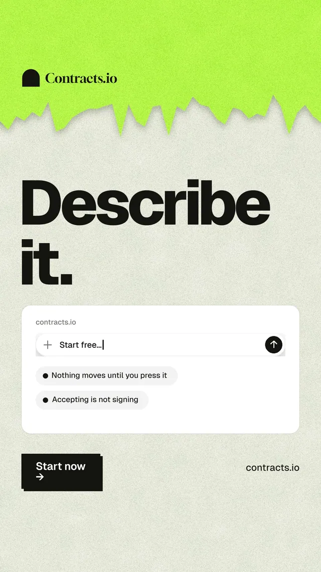 Instagram story for contracts.io: "Describe it." Paper trio style, poster layout, light palette in green, white, grey.