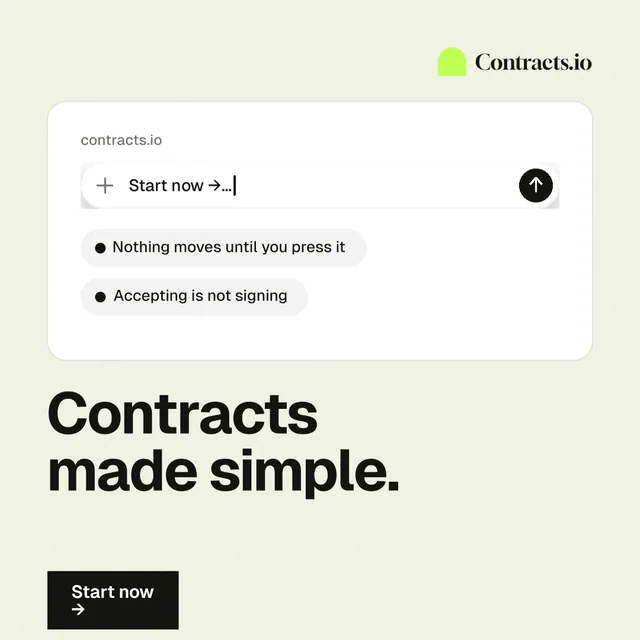 Instagram post for contracts.io: "Contracts made simple." Swiss style, bottom layout, light palette in white, grey.