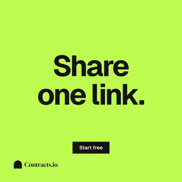 Instagram post for contracts.io: "Share one link." Swiss style, centred layout, light palette in green.