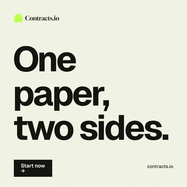 Instagram post for contracts.io: "One paper, two sides." Swiss style, poster layout, light palette in white, grey.
