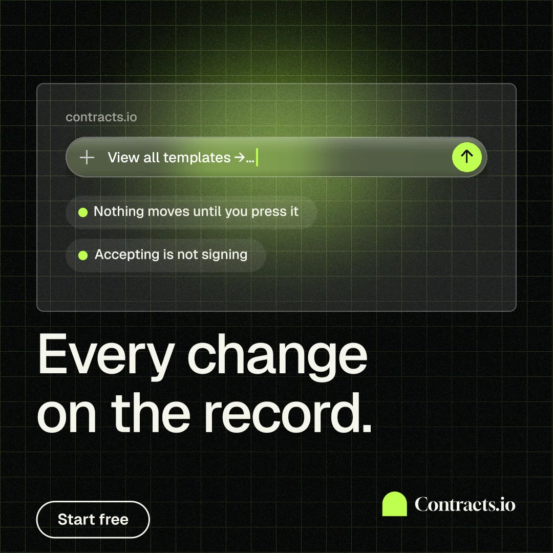 Instagram post for contracts.io: "Every change on the record." Phosphor atlas style, bottom layout, dark palette in black, grey.