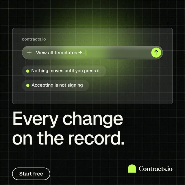 Instagram post for contracts.io: "Every change on the record." Phosphor atlas style, bottom layout, dark palette in black, grey.