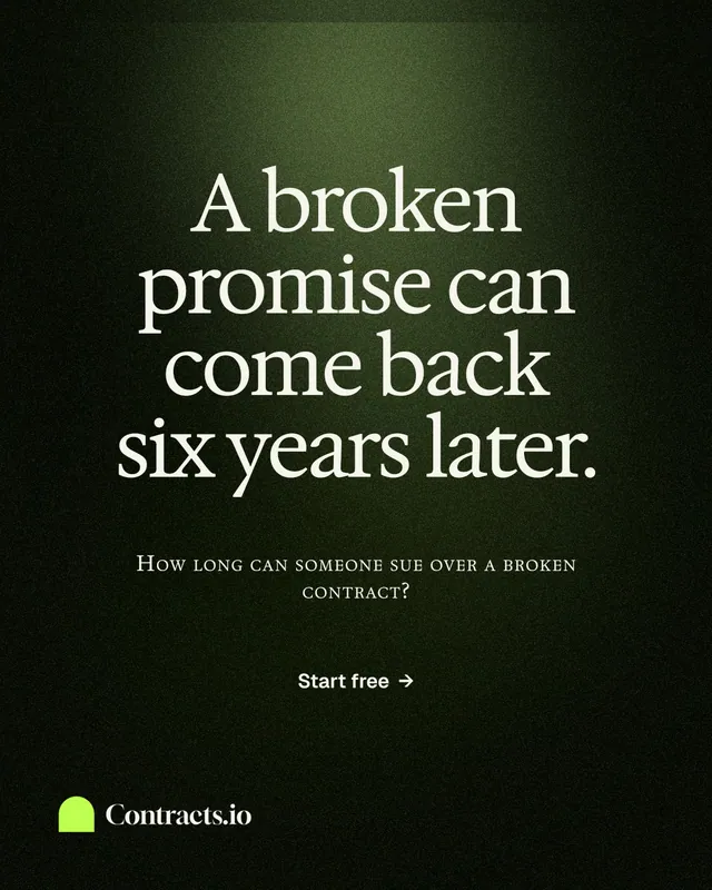 Instagram portrait post for contracts.io: "A broken promise can come back six years later." Dark deco style, smallcaps layout, dark palette in black, green, grey.