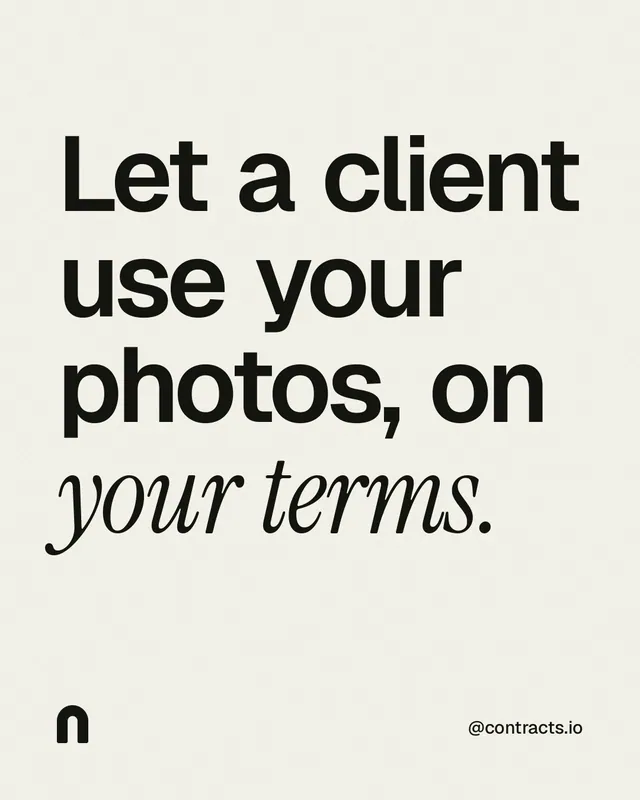 Instagram portrait post for contracts.io: "Let a client use your photos, on your terms." Editorial style, technique:mixed type lockup layout, light palette in white, grey.