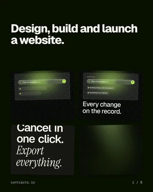 Carousel for contracts.io: "Design, build and launch a website.". Collection carousel, 8 slides, dark palette.