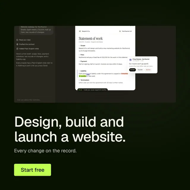 Video for contracts.io: "Design, build and launch a website.". Doc motion loop, 8.0 s, dark palette.