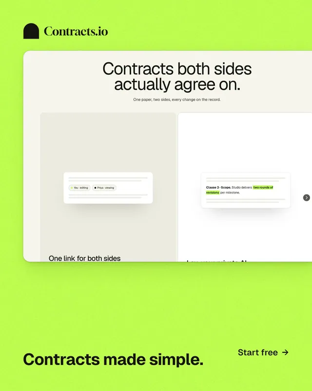 Instagram portrait post for contracts.io: "Contracts made simple." Swiss style, image led layout, light palette in green.