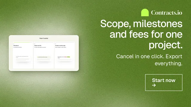 Landscape graphic for contracts.io: "Scope, milestones and fees for one project." Cyanotype style, right layout, light palette in green, white.