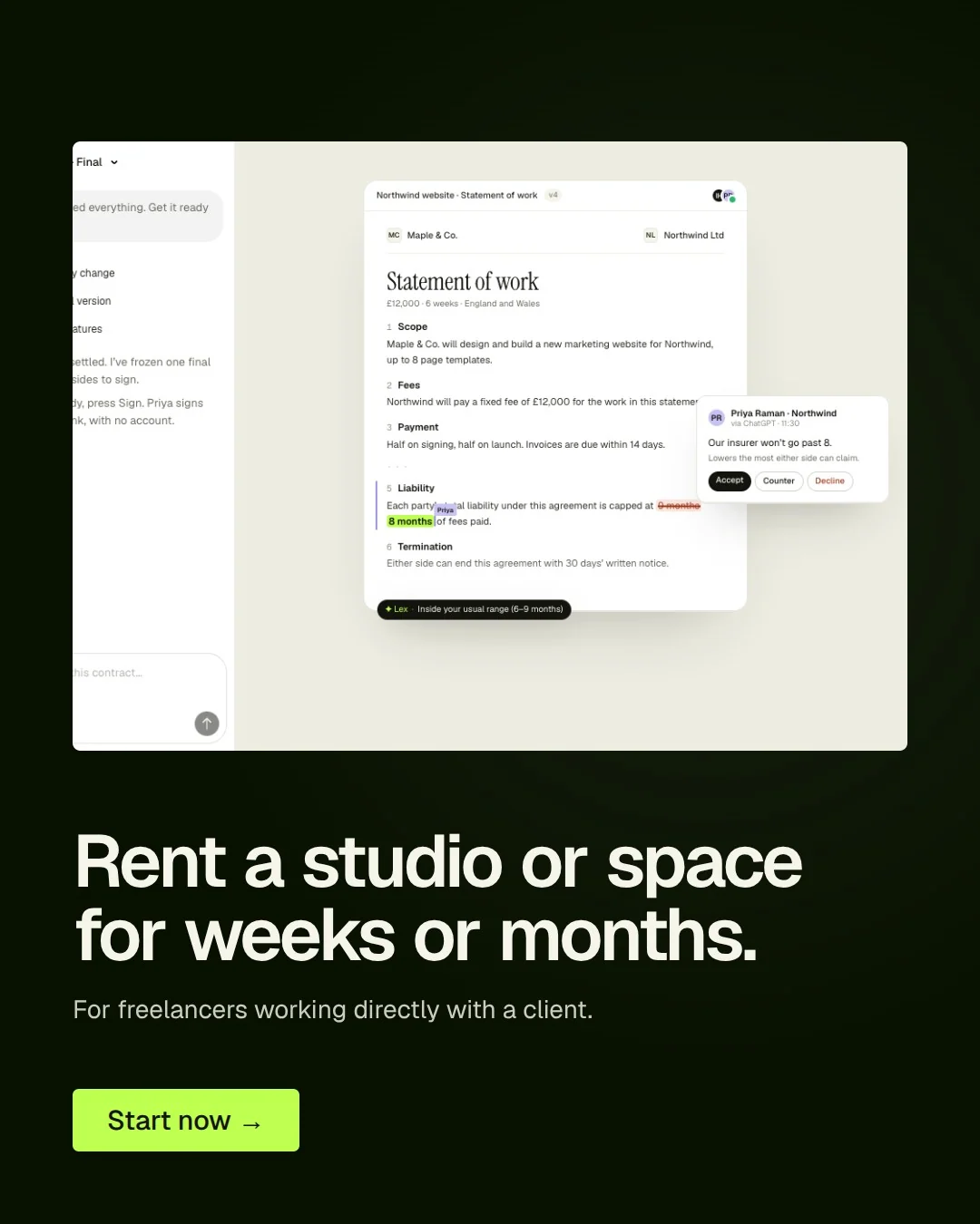 Video for contracts.io: "Rent a studio or space for weeks or months.". Kinetic type grid, 6.0 s, light palette.
