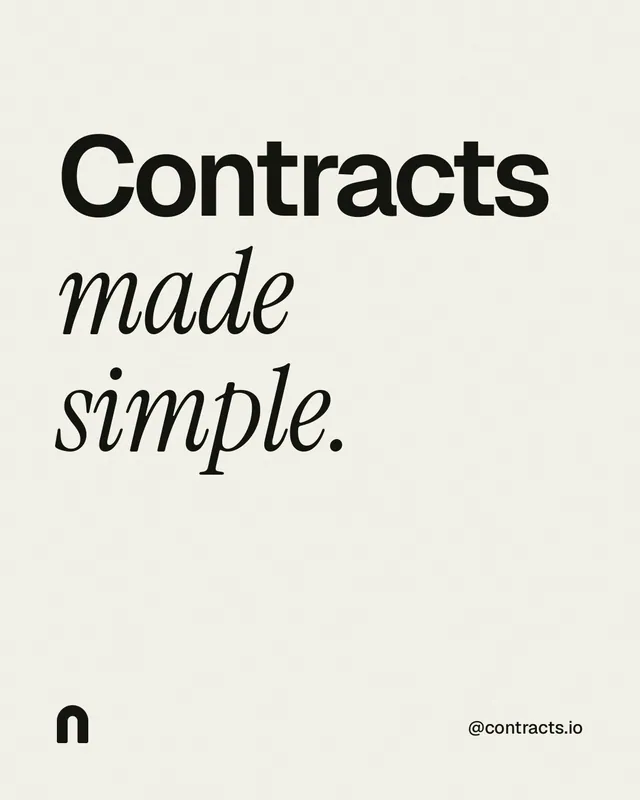 Instagram portrait post for contracts.io: "Contracts made simple." Editorial style, technique:mixed type lockup layout, light palette in white, grey.