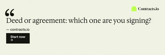 X header for contracts.io: "Deed or agreement: which one are you signing?" Swiss style, quote layout, light palette in white, yellow, grey.