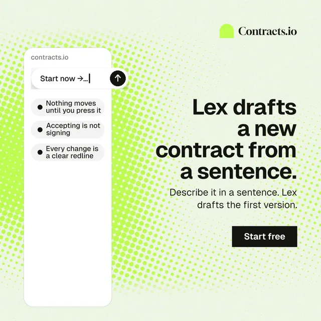 Instagram post for contracts.io: "Lex drafts a new contract from a sentence." Swiss style, right layout, light palette in white, green, grey.