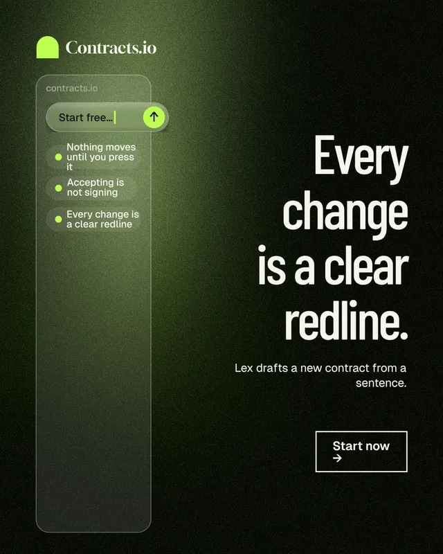 Instagram portrait post for contracts.io: "Every change is a clear redline." Dark deco style, right layout, dark palette in green, black, grey.