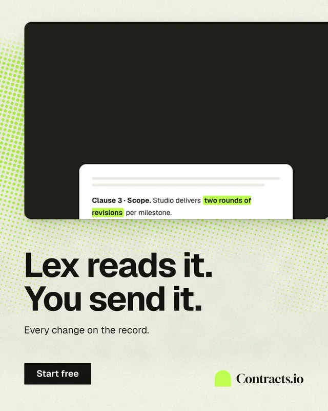 Instagram portrait post for contracts.io: "Lex reads it. You send it." Swiss style, bottom layout, light palette in black, green, white.